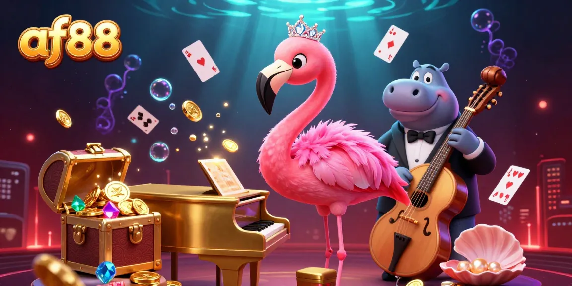 af88 casino lounge scene with a flamingo singer and hippo bassist amid vibrant treasures.