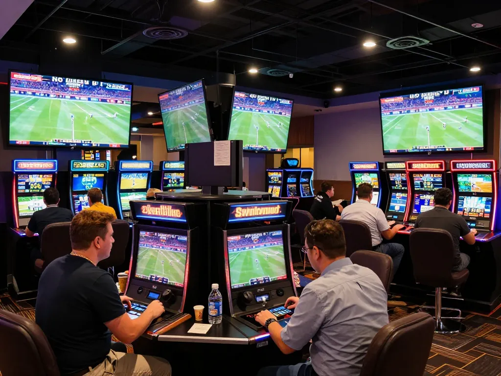 Kèo nhà cái betting action at a lively casino sports betting area with live screens and eager players
