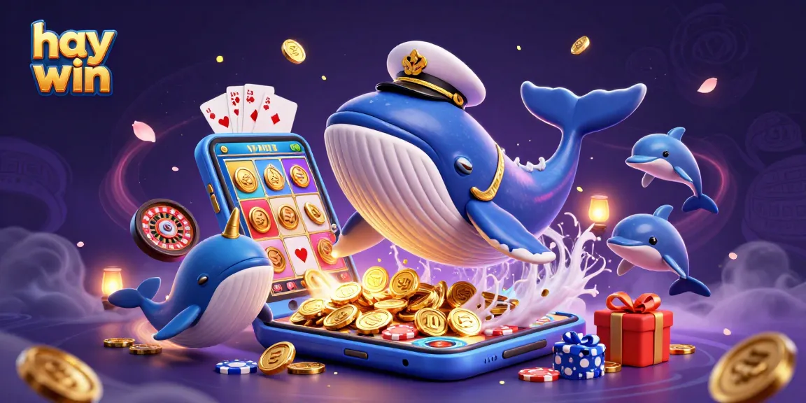 Engage with hay win's thrilling gameplay featuring a cartoon whale and dolphins amidst dynamic casino elements.