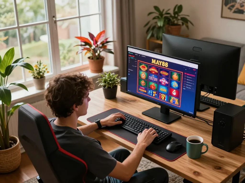 MAY88 online gaming experience with colorful slots and poker games displayed, cozy setup