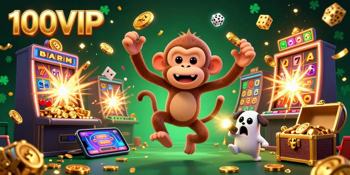 Experience the excitement of 100VIP with a playful poltergeist monkey juggling casino elements in a vibrant casino.