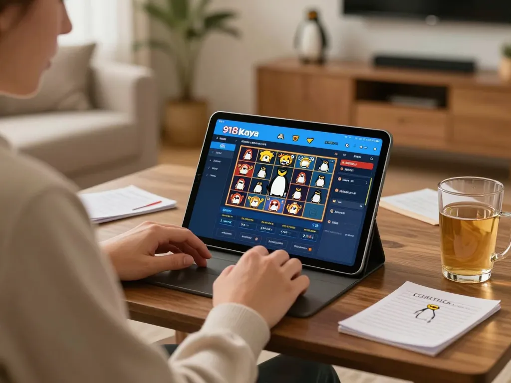 Engaging in 918kaya gaming with deposit and withdrawal tips visible on tablet screen, cozy home environment.