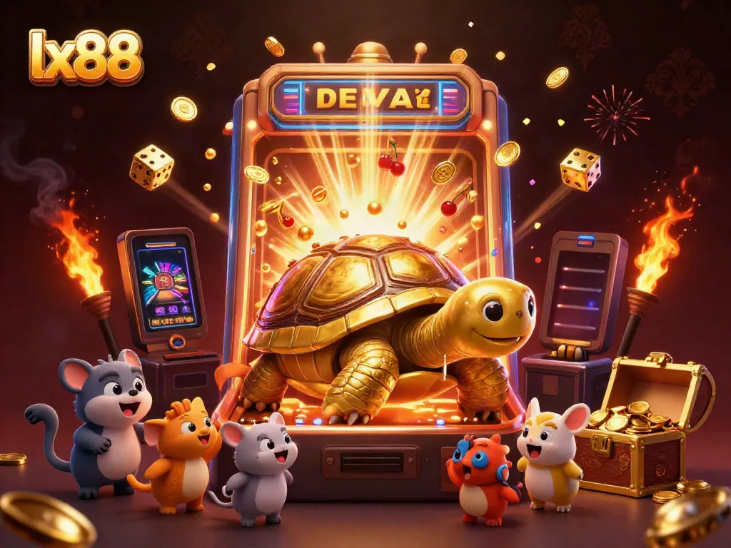 Experience thrilling action at lx88 with a lively illustration of a colossal golden tortoise casino game.