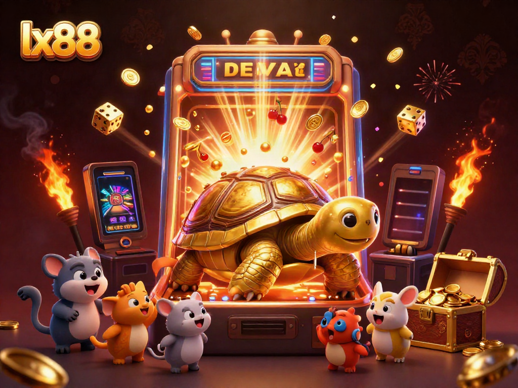 Experience thrilling action at lx88 with a lively illustration of a colossal golden tortoise casino game.
