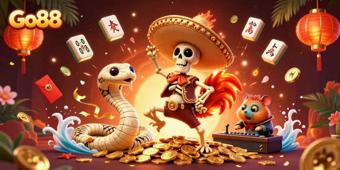 Experience the thrill of Go88 with a festive 3D scene showcasing a mariachi rooster and a zombie hamster DJ celebrating wins in a vibrant casino environment.