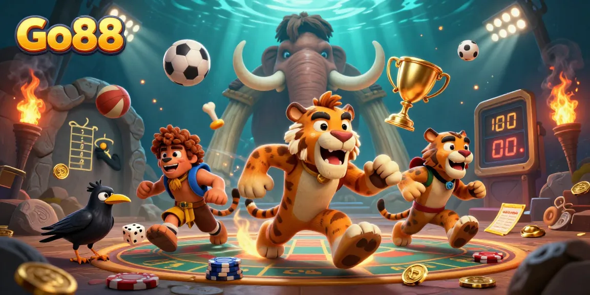 Go88 enhances your gaming with a vibrant prehistoric casino scene featuring lively characters.