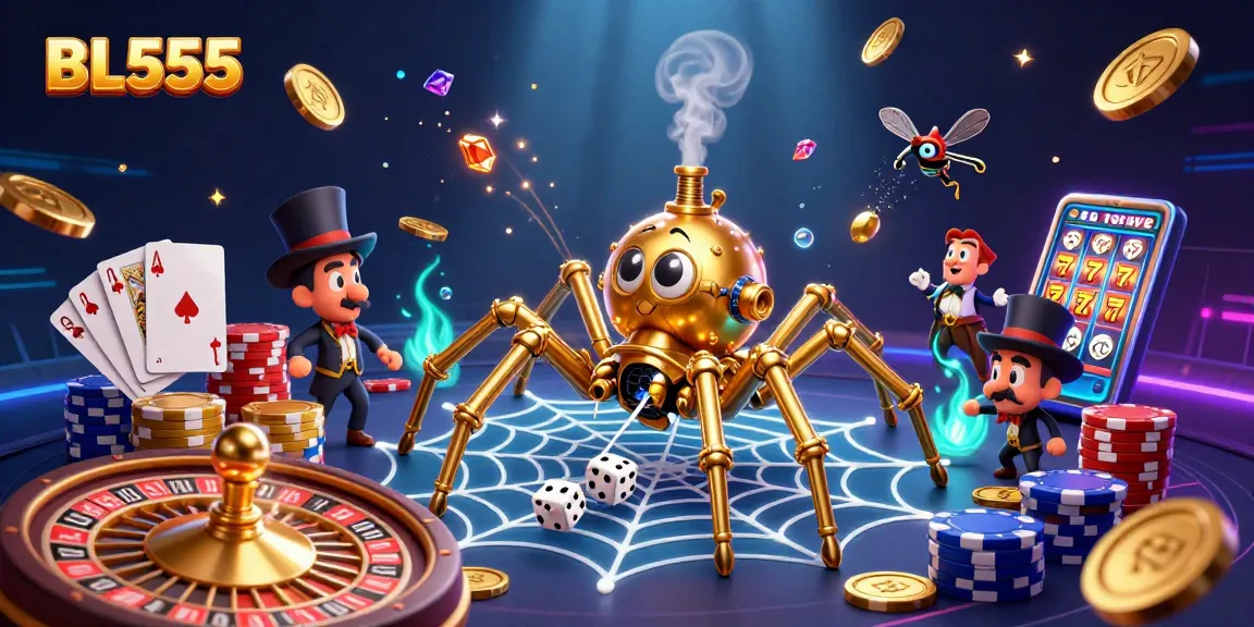 Engage with BL555’s thrilling casino atmosphere featuring golden spider, dice, and vibrant gaming elements.