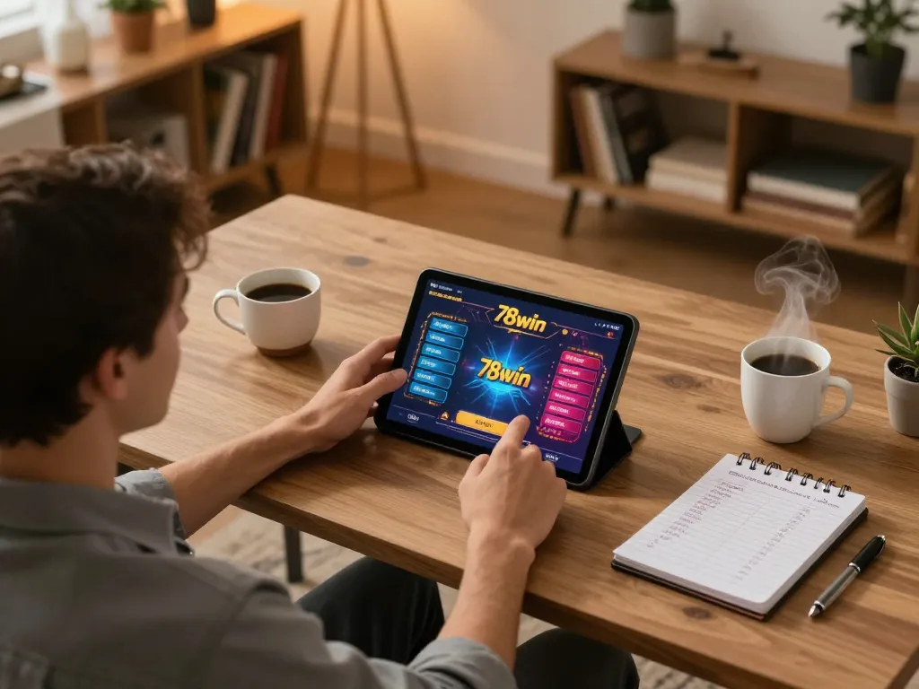 Player analyzing strategies for online gambling on 78win in a cozy gaming setup.