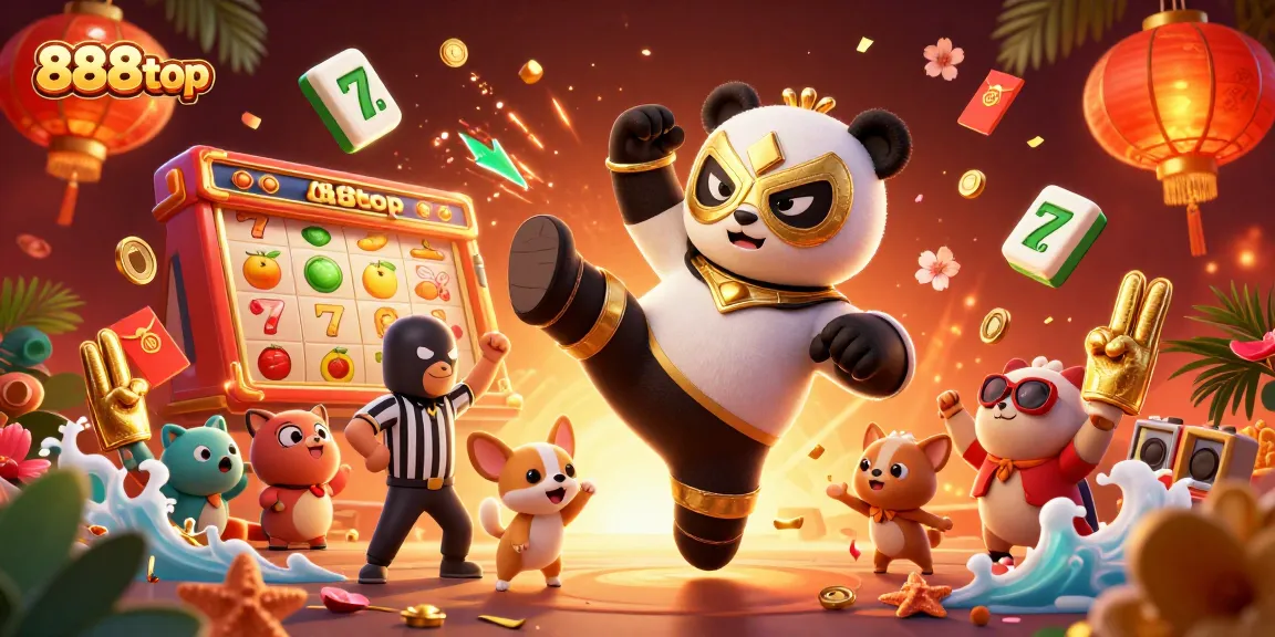 Experience thrilling action with 888top as a panda wrestler kicks in a vibrant casino scene.