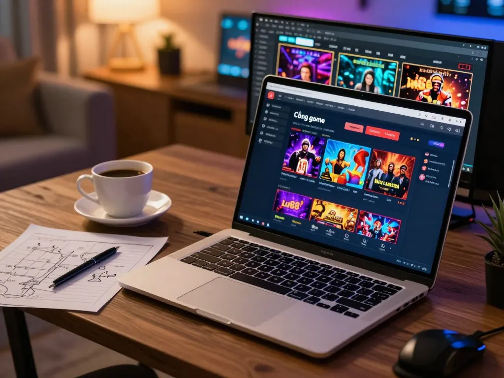 Cổng game Lu88 interface displayed on a laptop in a cozy home gaming setup.