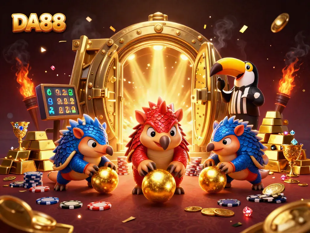 Engaging animated scene of DA88, a gaming rivalry between pangolins amidst a vibrant casino atmosphere.