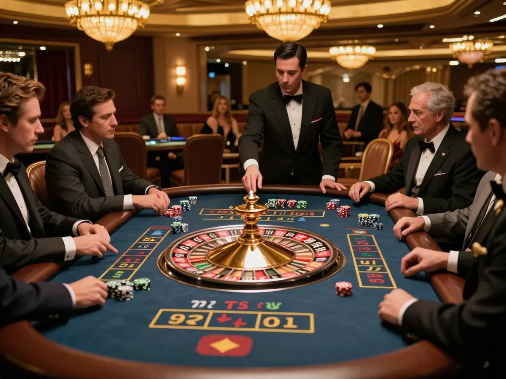 GA88 roulette game in a luxurious casino with players betting and croupier spinning the wheel