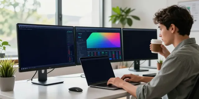 Traders using quantumaiplatform.ca in a modern home office for cryptocurrency analysis.