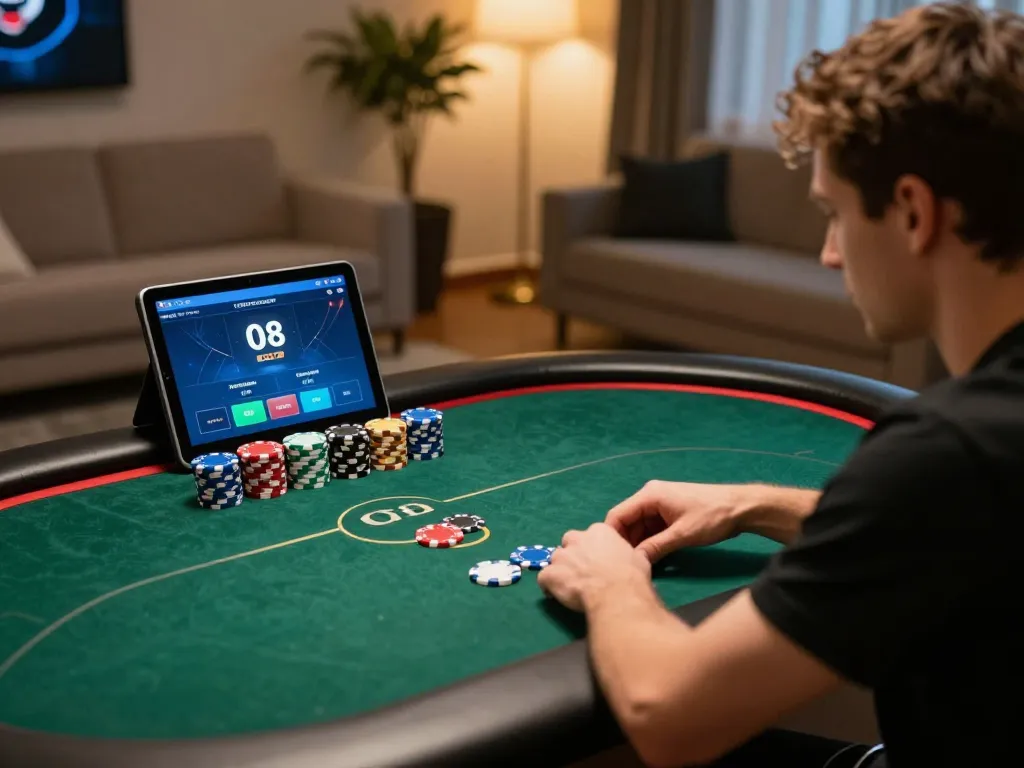 Player engaging in online poker with the O8 app, chips in front, cozy home setting.