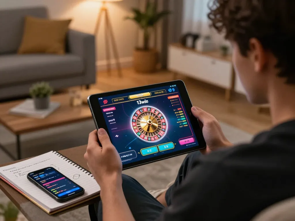 Player engaging with 13win online casino on tablet, excited reaction as virtual roulette spins.