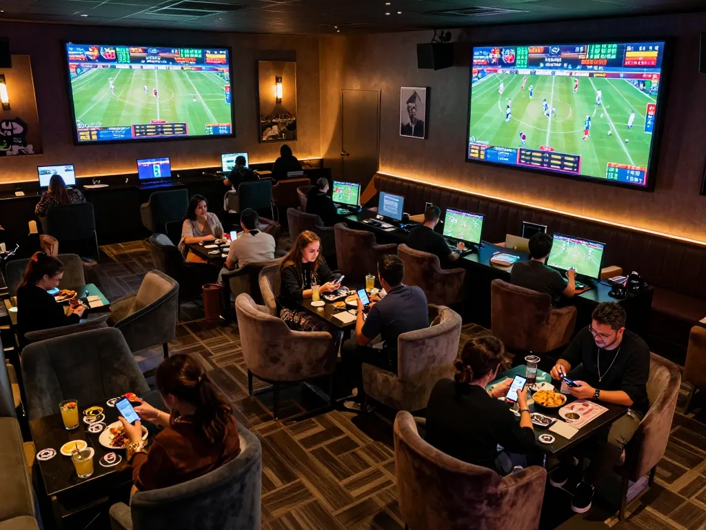 Patrons placing bets at TIP88 sports betting lounge with live game displays and a vibrant atmosphere.