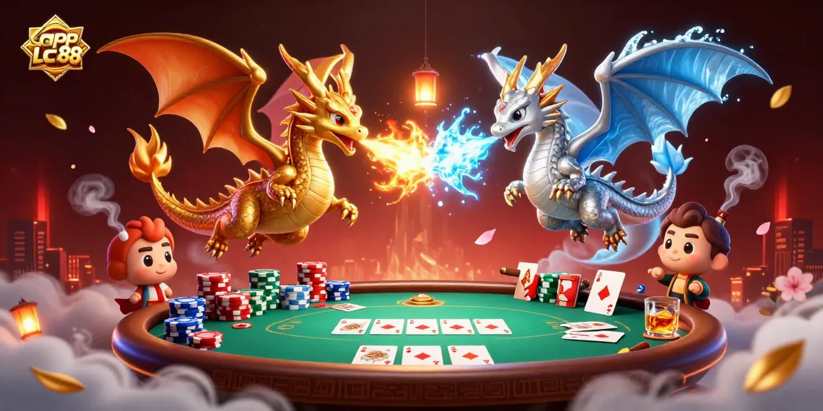 Engage with app lc88 through a vibrant casino illustration featuring dynamic dragons and poker elements.