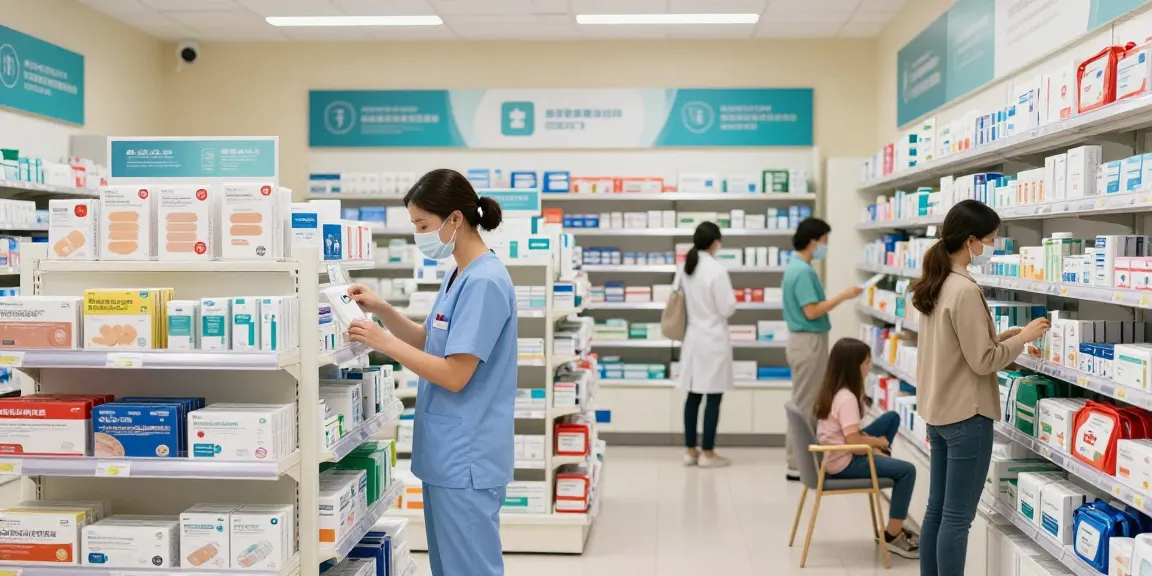 Healthcare worker checking medical supplies inventory in a bright retail store, showcasing essential medical supplies.