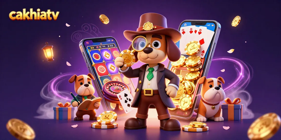 Cakhiatv engages players with a 3D illustration of detectives solving a poker mystery among vibrant casino elements.