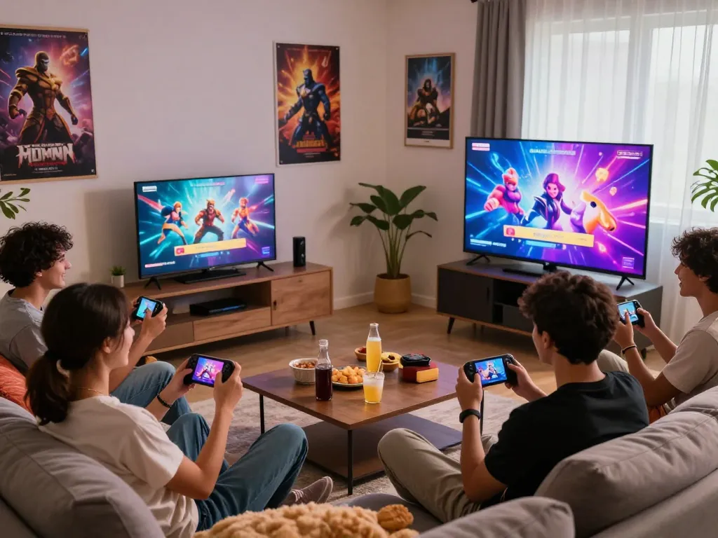 Friends enjoying an engaging HTML porn game on a big screen in a cozy living room.