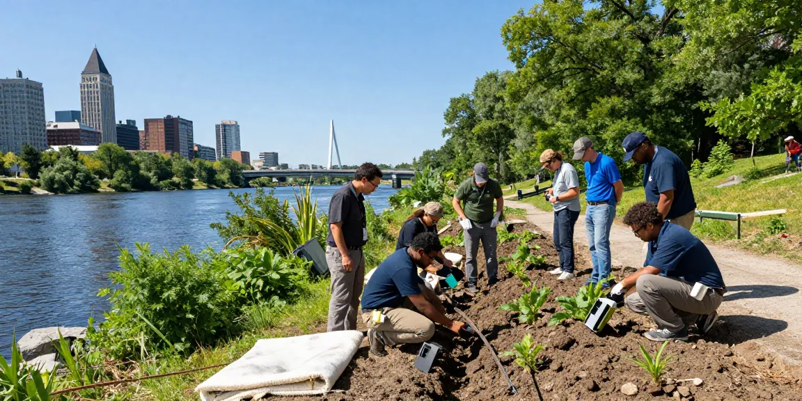 Erosion control Ottawa specialists examining soil and vegetation along a waterway using eco-friendly practices.