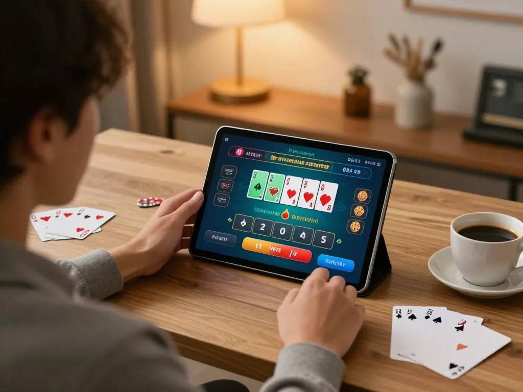 Player engaging in online blackjack on gg88gs tablet with interactive display for a strategic gaming experience.