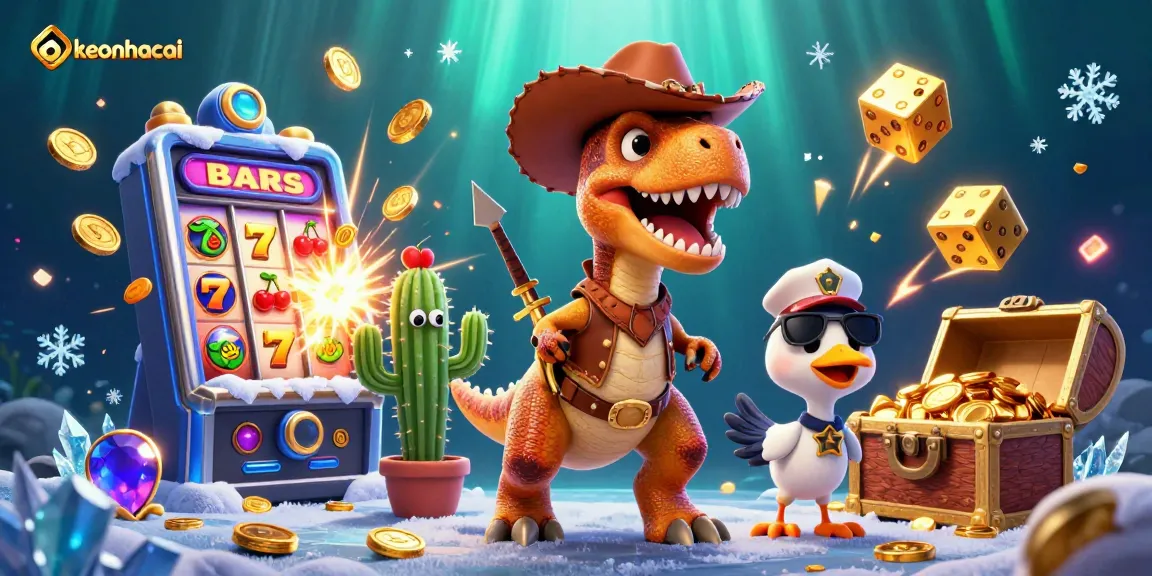 Engage in thrilling casino fun with keonhacai alongside a dynamic T-Rex and friends bursting with excitement!
