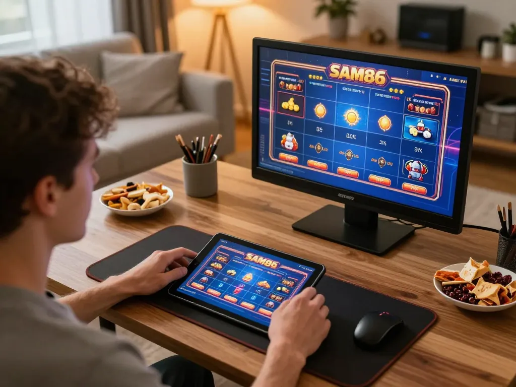 Player enjoying SAM86 online casino games on a tablet, showcasing a cozy gaming atmosphere