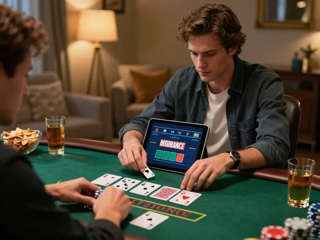 lv88 player placing an insurance bet in online blackjack at cozy home setup