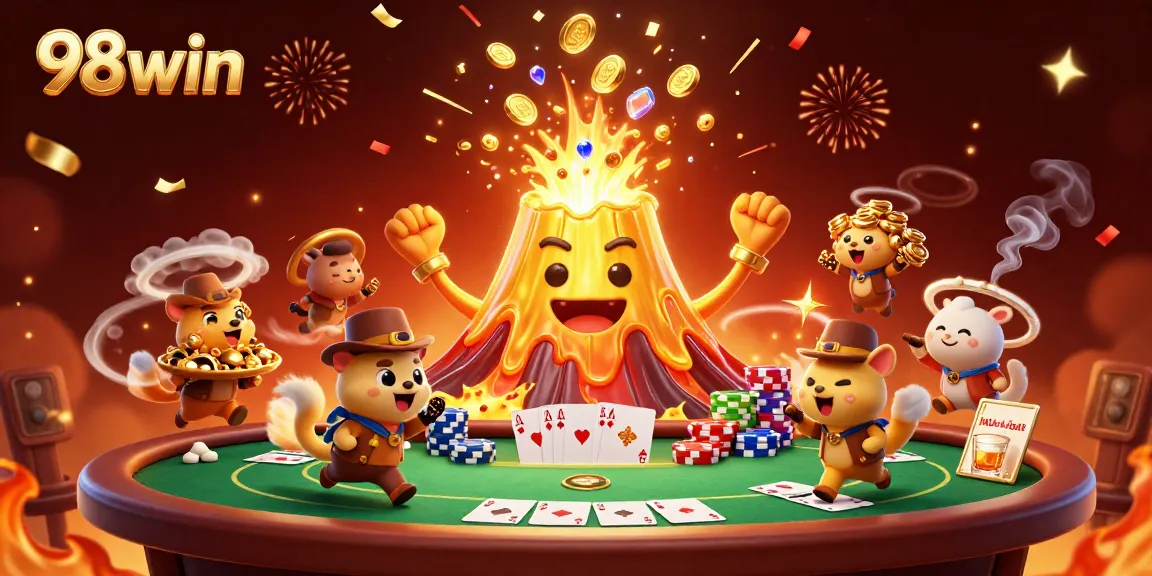 Experience the excitement of 98win's casino atmosphere with treasures and poker action.