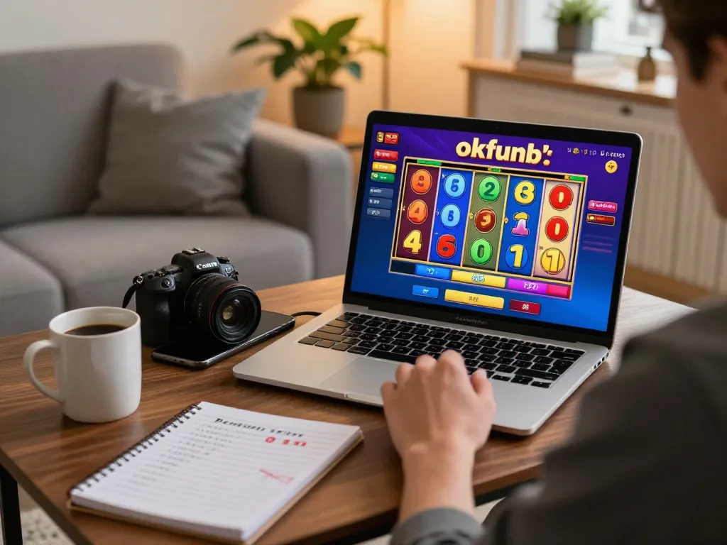 Engaged player enjoying okfunb slots on a laptop in a cozy home setting