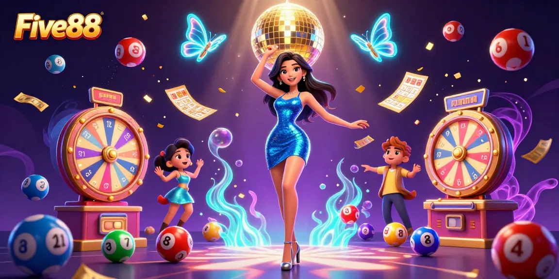 Experience excitement with Five88 as colorful lottery elements and a glamorous dancer create an exhilarating scene.