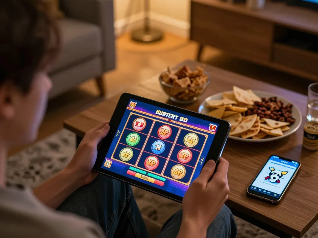 Player enjoying online slots on sapporo-dogscafe, relaxed home setting with snacks and smartphone nearby.