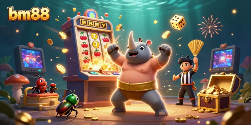 Experience thrilling gameplay at bm88 with a dynamic scene of a rhinoceros beetle sumo champion surrounded by casino elements.