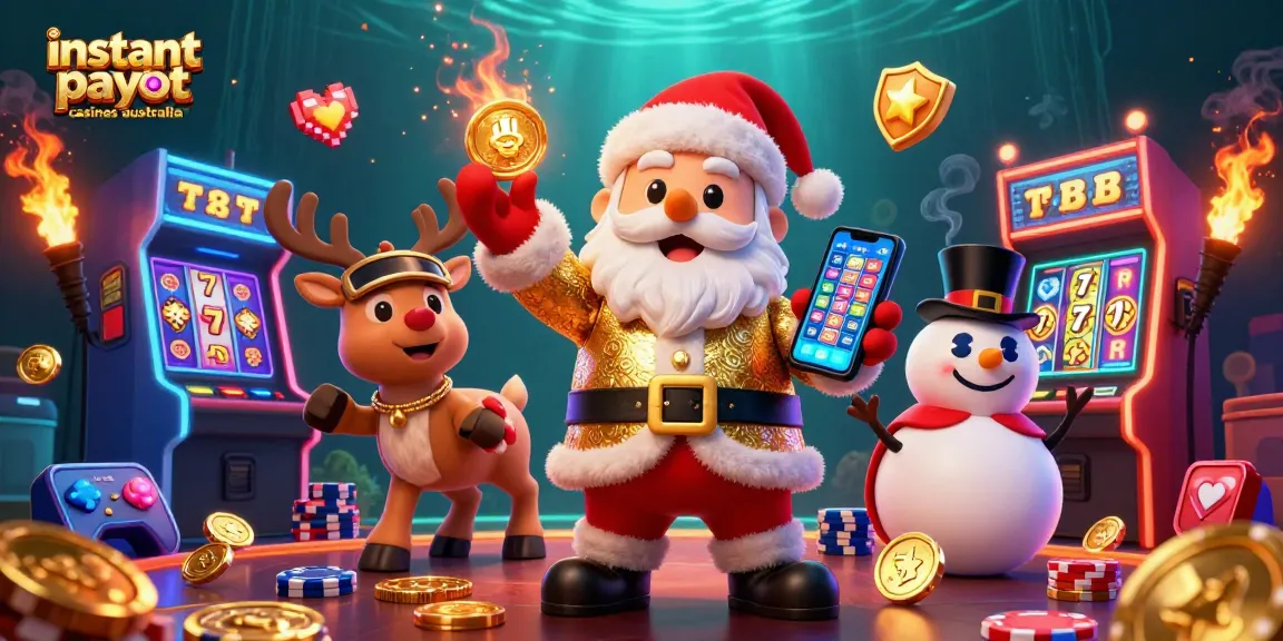 Experience fast cashouts at instant payout casinos Australia with a vibrant casino scene featuring festive characters.