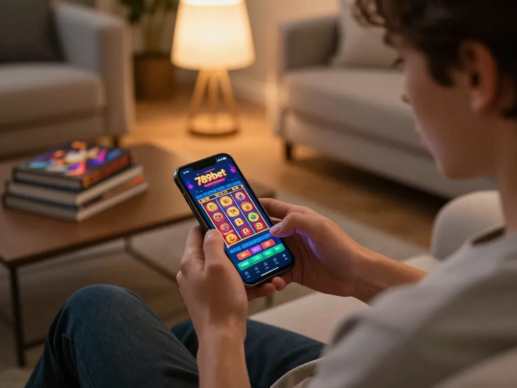 Engaged player enjoying 789bet mobile casino games on their smartphone in a cozy home environment.