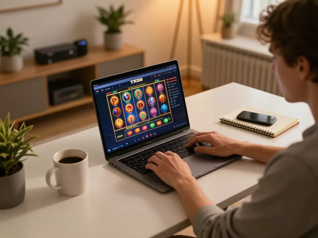 Engaged player exploring the Link nhà cái Tx88 online casino interface from a cozy home gaming setup.