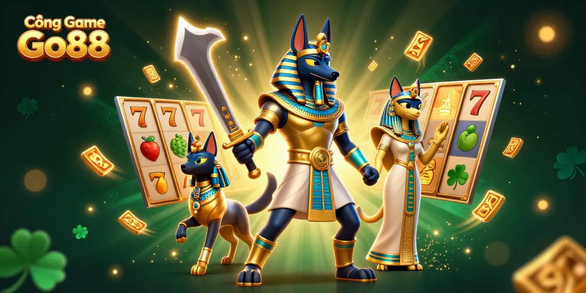 Engage with Cổng Game Go88 through thrilling slot adventures, featuring Anubis and Bastet in a vivid casino scene.