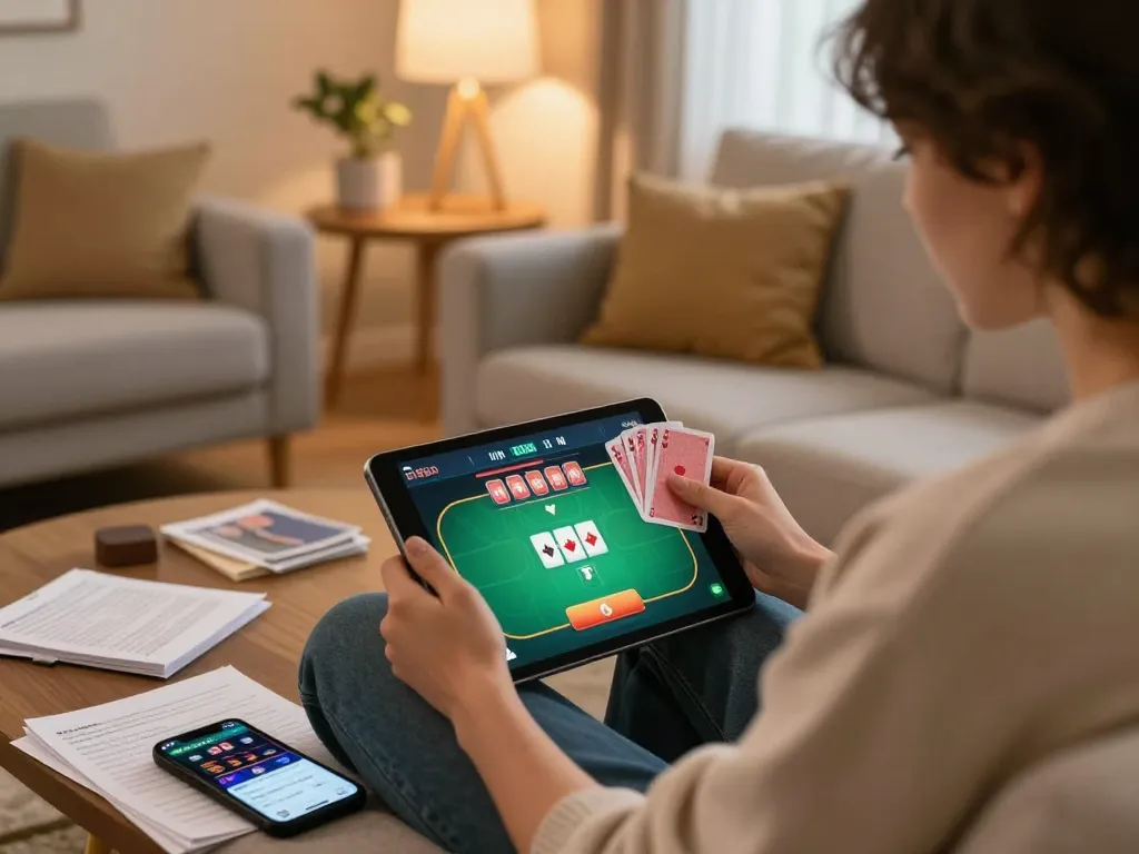 Playing poker on a tablet at home, showcasing kp88 vip gaming strategy.