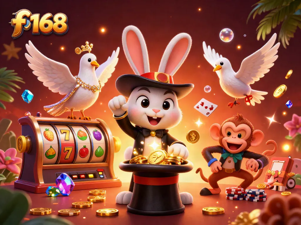 Experience thrills with f 168 as a magician rabbit pulls golden coins at a lively casino.