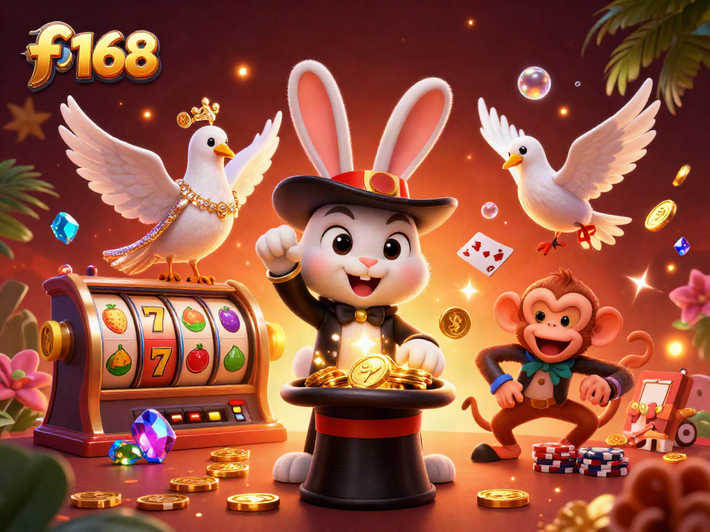 Experience thrills with f 168 as a magician rabbit pulls golden coins at a lively casino.