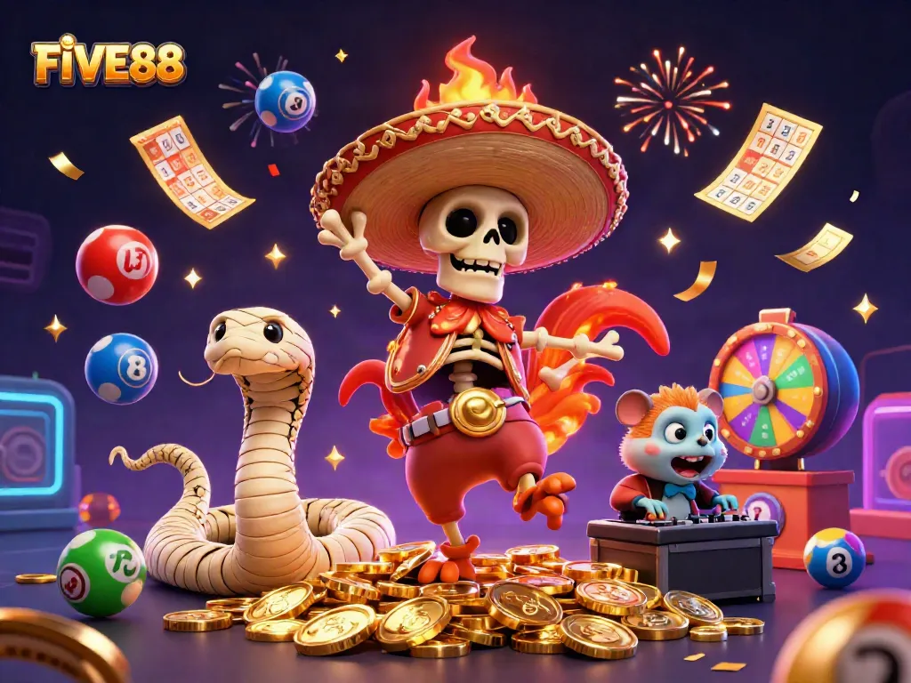 FIVE88 showcases a festive celebration with vibrant characters and lively gambling elements.