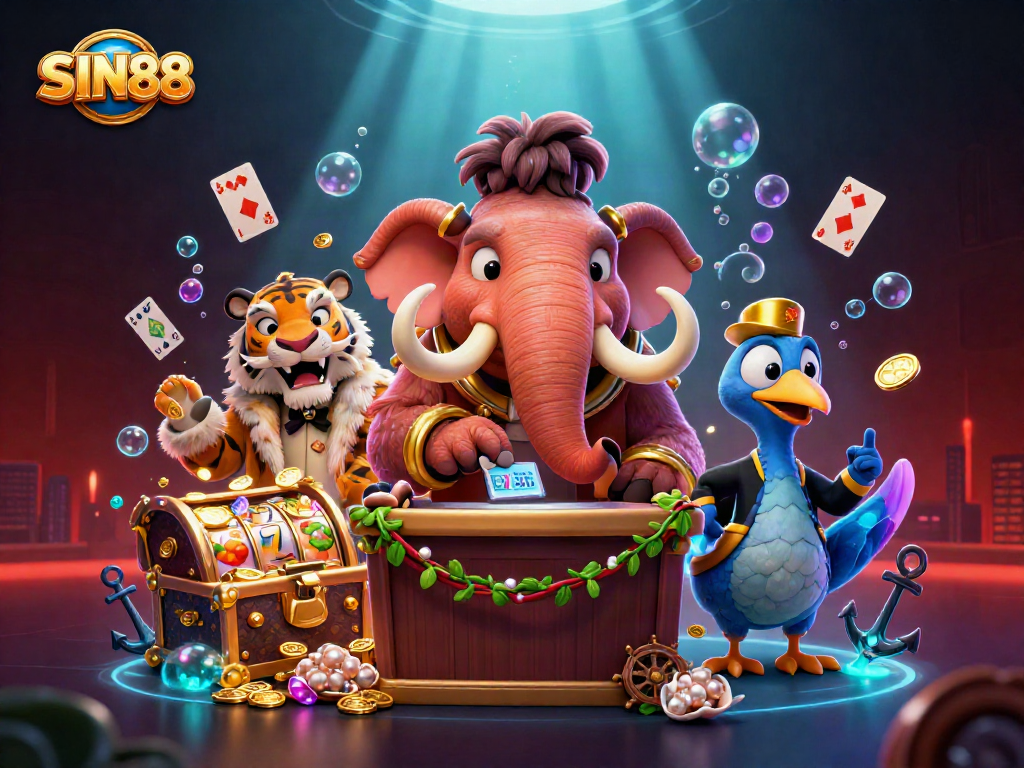 SIN88 features a vibrant casino scene with a woolly mammoth bouncer and a saber-tooth tiger VIP amidst engaging gaming elements.