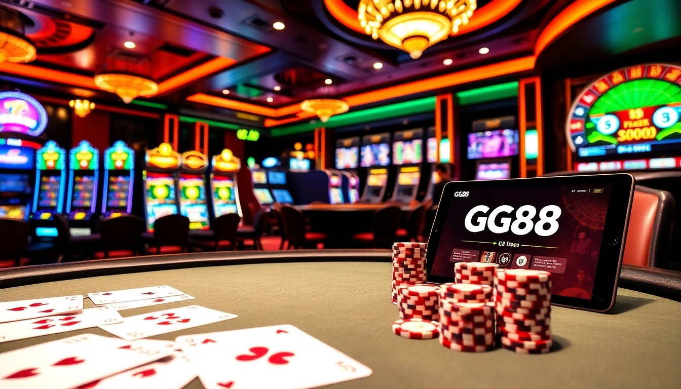 Players engaged in a thrilling game at GG88 casino with vibrant slot machines in the backdrop.