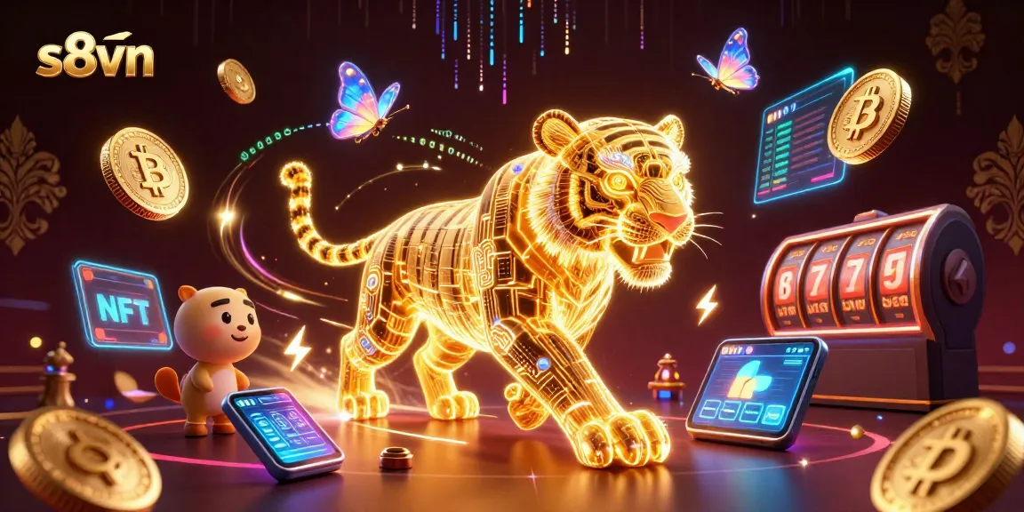 s8vn showcases a vibrant digital casino landscape with a neon golden tiger and crypto elements.