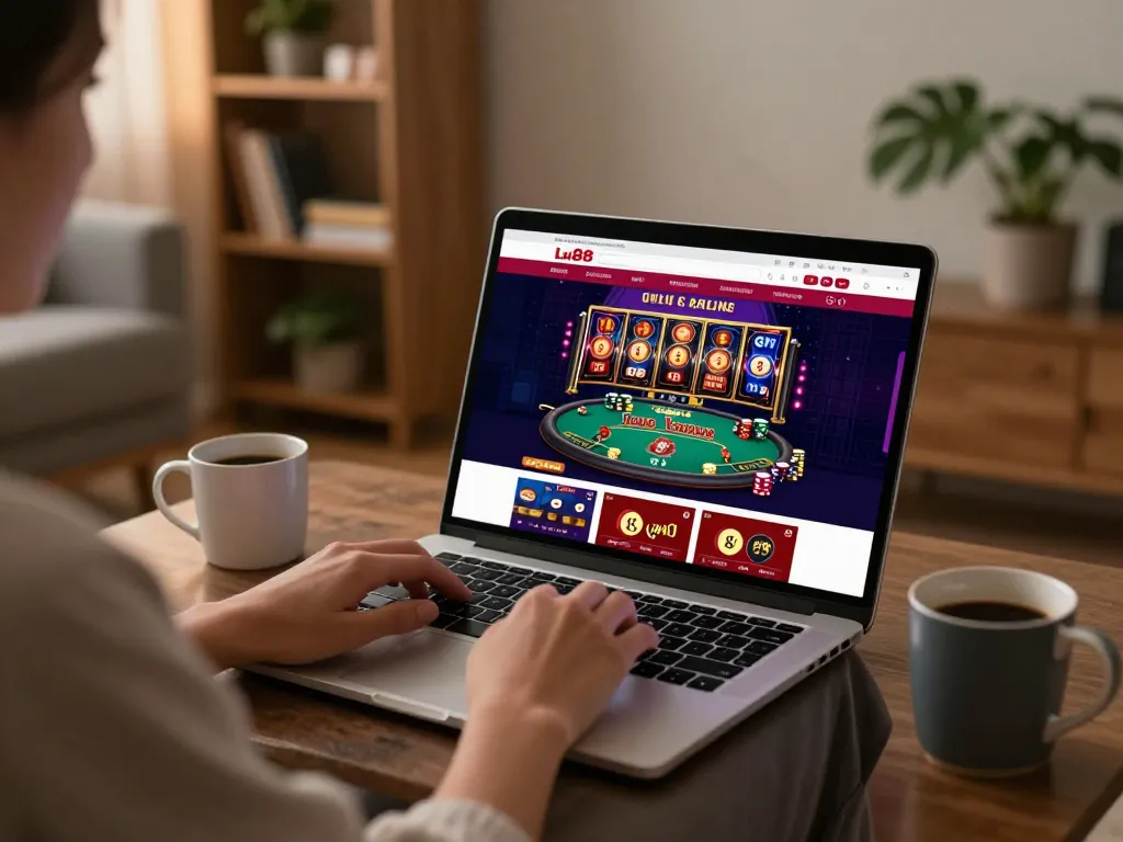 Player engaging in exciting Lu88 online casino games on a laptop in a cozy home setting.