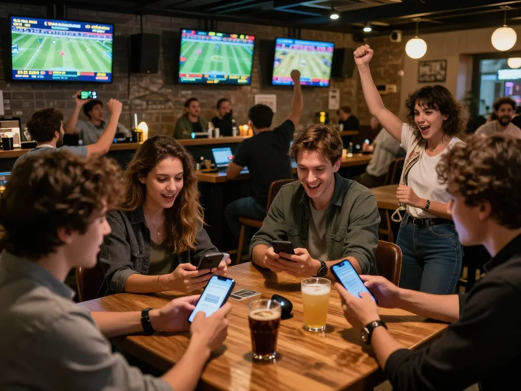 MAX88 players cheering during an exciting sports betting session at a lively bar.