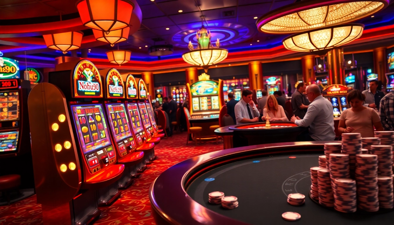 Nohu90 players engaging in an exciting casino game with vibrant slot machines and poker chips.