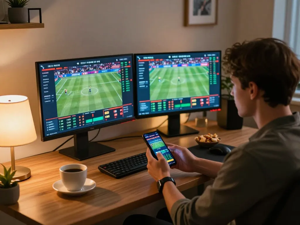 LUCKY88 player engaging with live betting app, showcasing excitement in a cozy home office setting