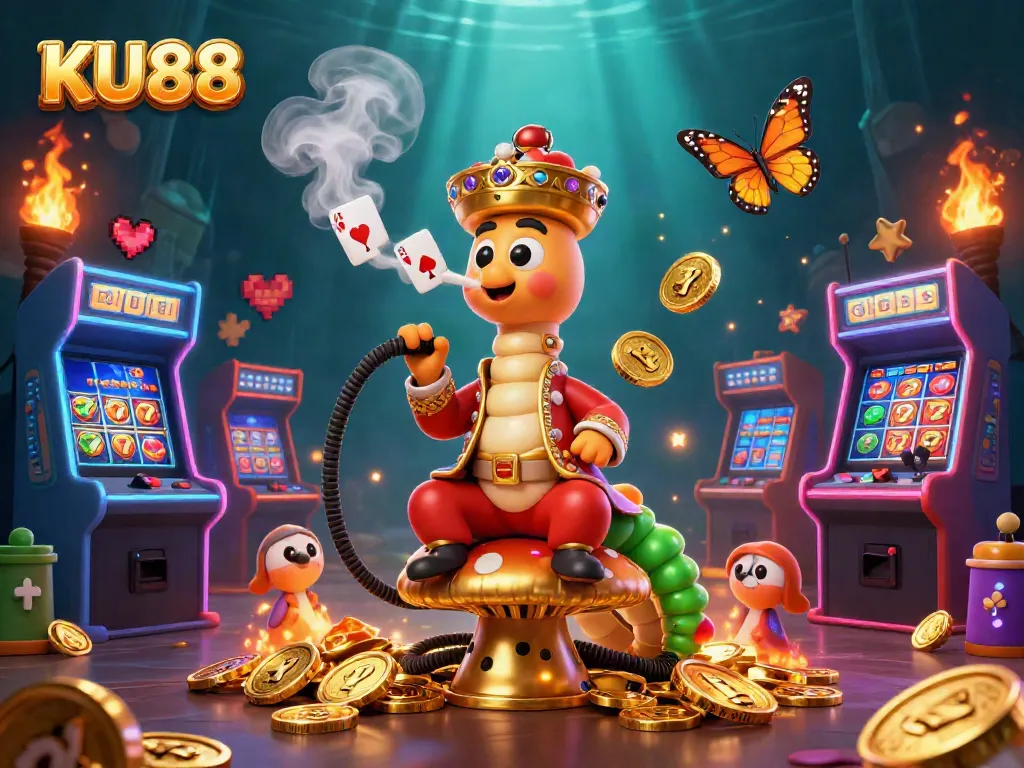 Enjoy thrilling jackpots at KU88, featuring a whimsical caterpillar master in a vibrant casino world.
